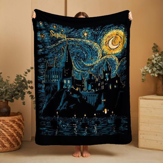 Wizard School Blanket, Starry Night Castle Tapestry, Magical Dorm Decor, Fantasy Blanket Gift for Dreamers , Book Lovers