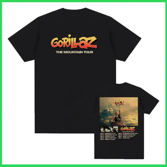 Discover Gorillaz Rock Band Tour 2026 T-shirt Black Reprint Gildan
