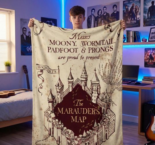 Harry Potter Marauders Map Fleece Blanket, Hogwarts Castle, Moony Wormtail Padfoot Prongs Gift