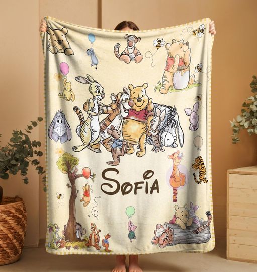 Discover Personalized Winnie the Pooh Blanket for Kids,Custom Name Baby Gift, Classic Pooh Nursery Throw,Soft Toddler Blanket ,Newborn Shower Gift
