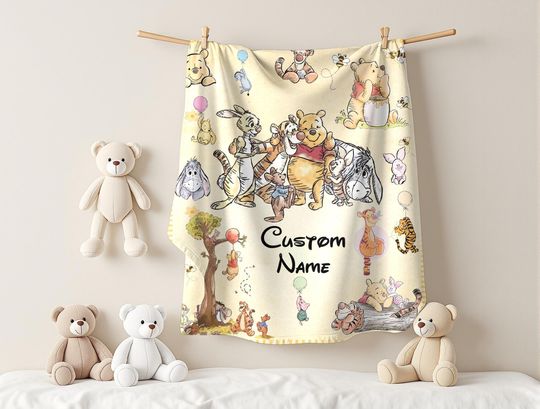 Discover Personalized Winnie the Pooh Baby Blanket, Custom Name Cartoon Blanket,Soft Nursery Throw, Baby Shower Gift,Bear Blanket,Custom Kids Blanket