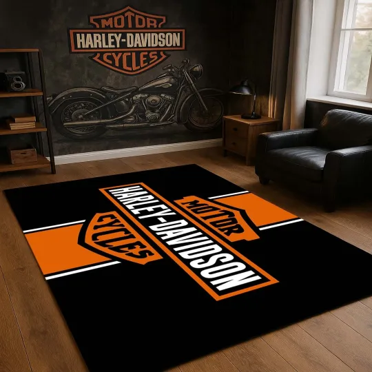 Harley Inspired Floor Rug, Classic Motorcycle Mat, Biker Home Decor