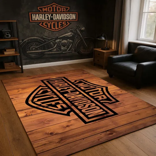 Davidson Motorcycle Rug, Biker Chic Floor Mat, Motorcycle Themed Area Rug
