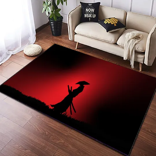 Discover Samurai Rug, Red and Black Japanese Warrior Floor Mat, Home Decor, Floor Art