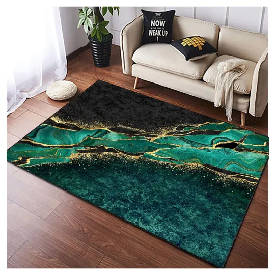 Discover Emerald Marble Rug, Green and Gold Abstract Carpet, Modern Floor Decor