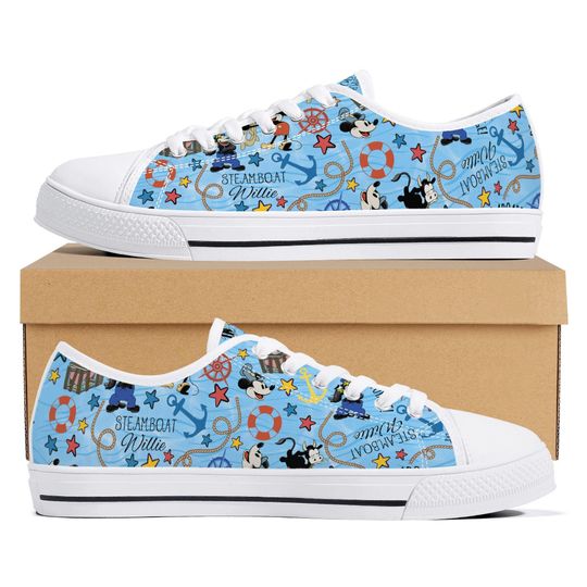 Discover Women's Steamboat Willie Low Top Canvas Shoes, Mickey Mouse Sneakers, Disney Mouse Apparel, Theme Park All Over Print Shoes, Mickey Mouse