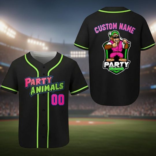 Discover Party Animals Baseball Jersey, Monkey Team Custom Name And Number Baseball Jersey, Pink And Black Jersey, Team Party Uniform