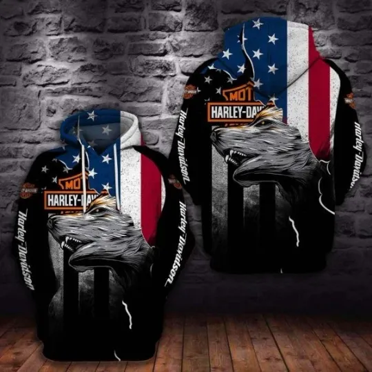 Discover Harley Motor Racing Davidsonn Men's 3D American Flag Wolf Spirit Graphic Biker Hoodie