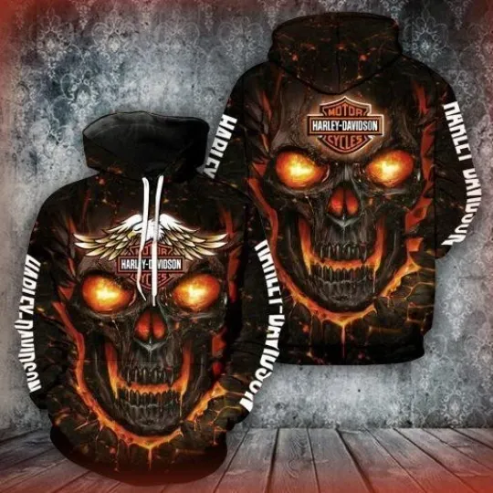 Discover Harley Motor Racing Davidsonn Men's 3D Flaming Fire Skull & Eagle Graphic Biker