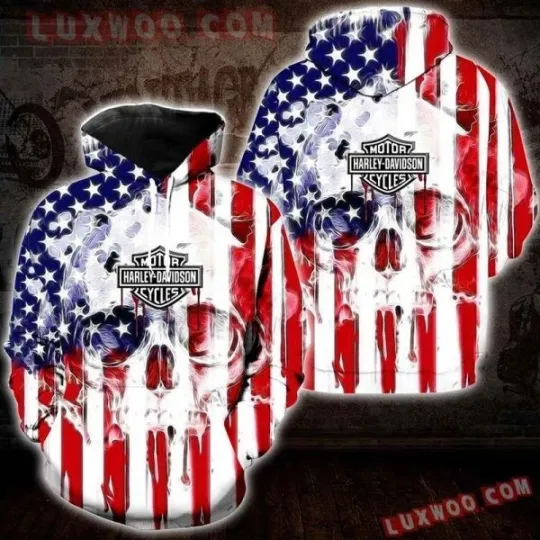 Harley Motor Racing Davidson Men's 3D USA American Flag Punisher Skull Graphic