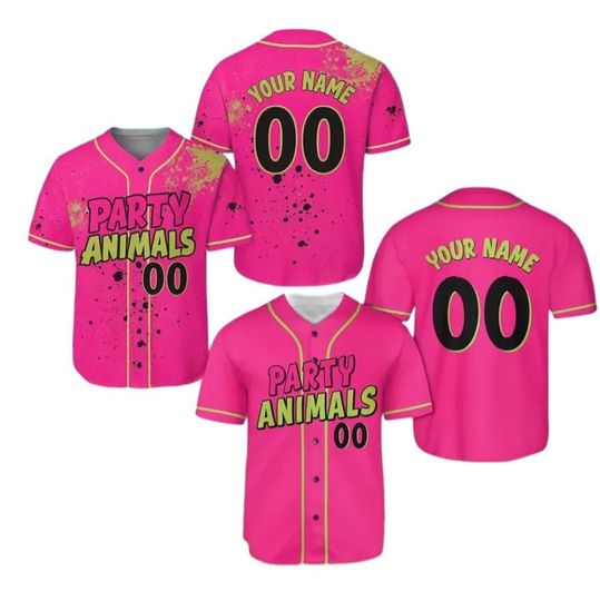 Discover Animals Baseball Jersey, Monkey Team Custom Name And Number Baseball Jersey, Pink And Black Paint Splatter Jersey, Team Party Uniform