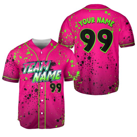 Discover Customized Sports Jersey, Paint Effect Pink Black Baseball Shirt, Matching Team Name Personalized Player Tee for Men Women