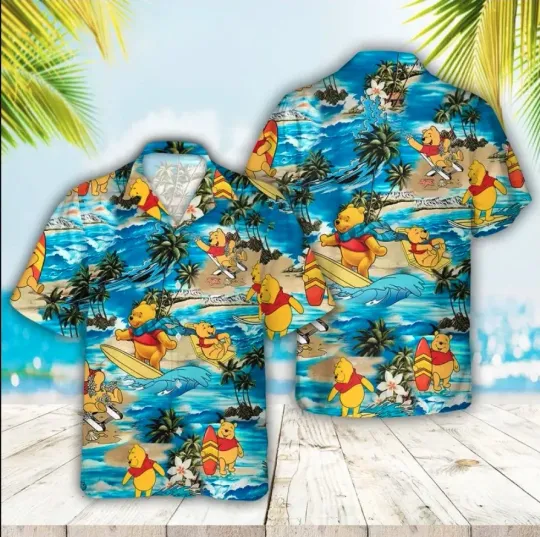 Discover Cartoon Disneyy Pooh Bear Surfing Hawaiian Shirt, Gift for Fan