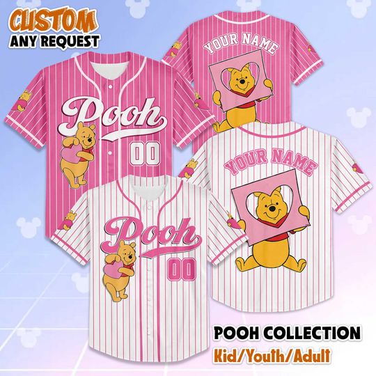 Discover Custom Pooh Valentines Day Baseball Jersey, Personalized Winnie the Pooh Baseball Shirt, Valentine Gift