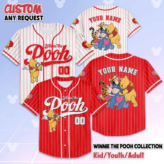 Discover Custom Winnie the Pooh Characters Valentines Day Baseball Jersey, Personalized Winnie the Pooh Baseball Shirt, Valentine Gift