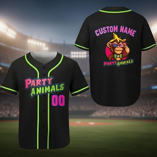 Discover Party Animals Baseball Jersey, Monkey Team Custom Name And Number Baseball Jersey, Pink And Black Jersey, Team Party Uniform
