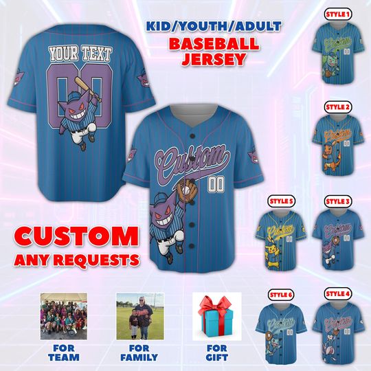 Discover Personalized Poke Monsters Baseball Jersey, Custom Family Matching Shirts, Custom Anime Lover Gifts, Custom Poke Game Baseball Jersey