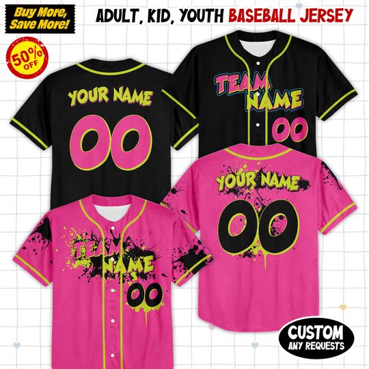 Discover Custom Pink Black Baseball Jersey, Funny Monkey Team Shirt, Personalized Name & Number for Kids, Youth, Adults