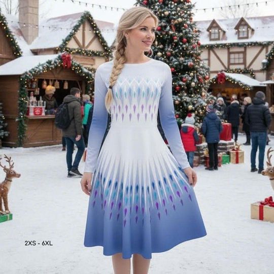 Elsa-Inspired Midi Dress  Women’s Long-Sleeved Dress