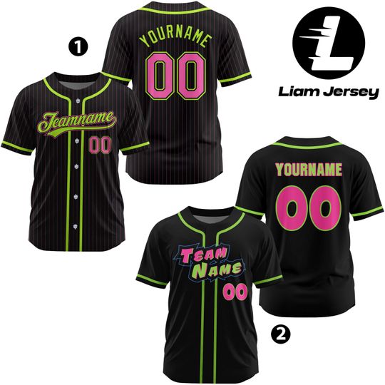 Custom Black Pink Pinstripe Baseball Jersey Men Women Youth, Party Custom Animal Baseball Jersey Text Logo, Black Green Pink Baseball Shirt