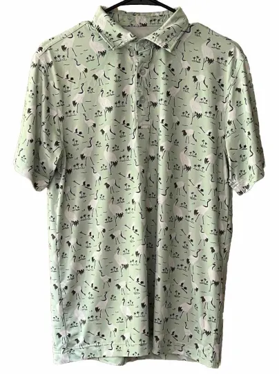 Discover Waggle Men's Small 1/4 Button Polo Shirt Mint Green White Bird Palm Tree ⛳️