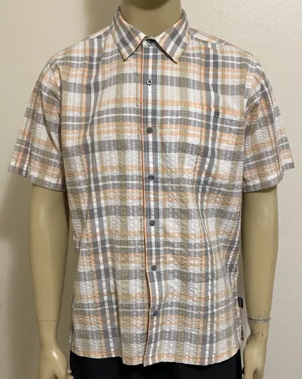 Discover Patagonia Large Men's Short Sleeve Button Front Shirt Plaid Gray Orange White