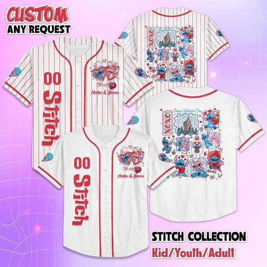 Discover Custom Stitch Valentine Baseball Jersey, Personalized Lilo & Stitch Valentines Day Jersey Shirt, Disney Couple Gift