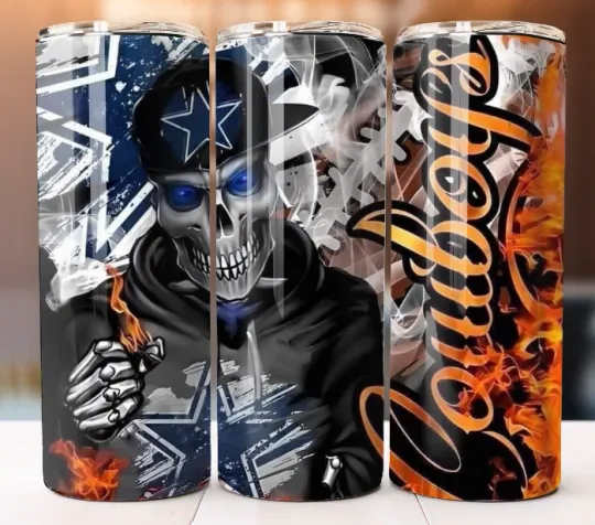 Discover Cowboys Fire Skull Football Tumbler