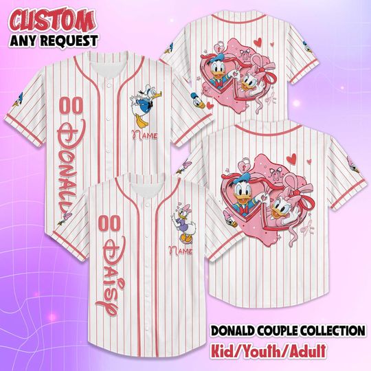 Discover Personalized Daisy and Donald Duck Valentine Baseball Jersey, Mickey and Friends Valentines Day Jersey Shirt, Disney Couple Gift