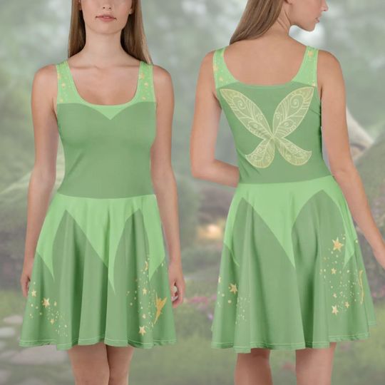 Tinkerbell Dress Women's Disney Fairy Cosplay Skater Dress Green and Gold