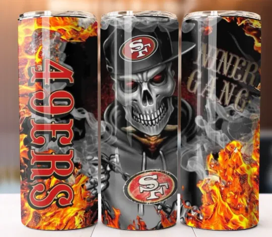 Discover 49ers Niner  Fire Skull Football Tumbler 20oz Cup Mug Stainless Steel W/ Straw