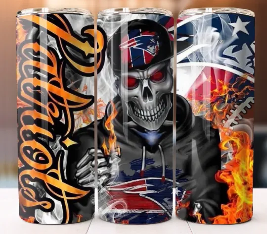 Discover Patriots Fire Skull Football Tumbler 20oz Cup Mug Stainless Steel W/ Straw