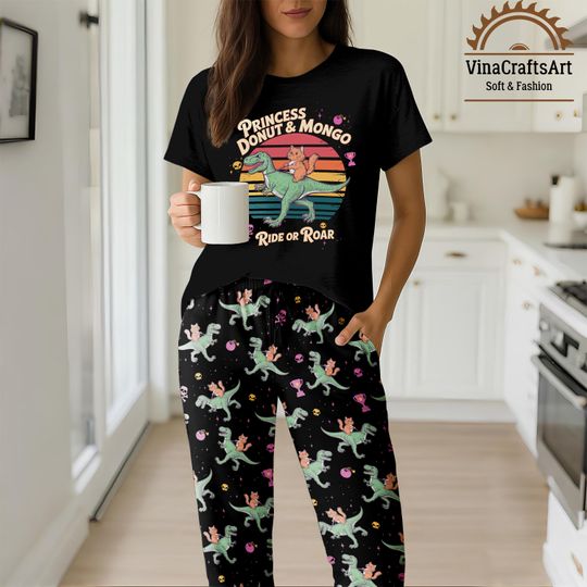 Discover Princess Donut & Mongo Pajamas Set, Cute Dinosaur Ride or Roar PJs, Womens Cartoon Sleepwear, Funny Loungewear Gift for Her