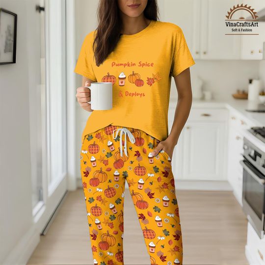 Pumpkin Spice Pajamas Set for Women, Fall Coffee & Pumpkin Loungewear, Cozy Autumn Sleepwear, Thanksgiving Pajamas