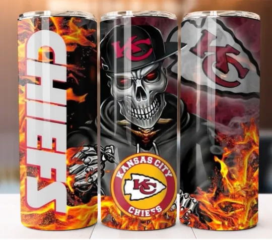 Tumbler Skinny Stainless Steel Chiefs Football Fire Skull
