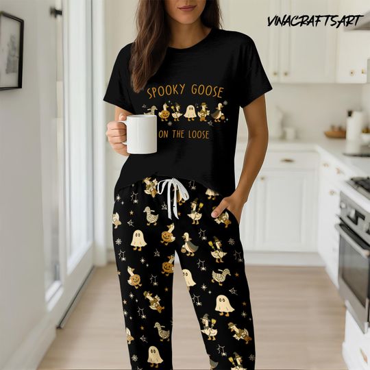 Discover Spooky Goose Halloween Pajamas Set for Women, Ghost and Pumpkin Sleepwear, Cozy Fall Loungewear