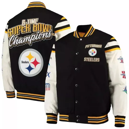 Discover Pittsburgh 6 Time Super Bowl Champions Victory Formation Varsity Jacket, Not Leather, Not Satin