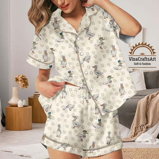 Discover Cute Duck Pajamas Set, Duck Lover Sleepwear, Cozy Animal Pajamas, Funny Duck Pajamas, Goose Gift Pajamas, Goose Silky Sleepwear