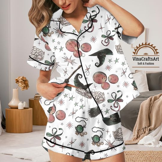 Discover Witchy Pajama Set: Satin Loungewear with Witch Hats & Charms