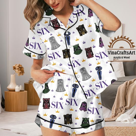 Discover Six The Musical Pajama Set, Broadway Queen Short Sleepwear, Theater Fan Gift, Catherine of Aragon Costume PJM, Crown Pattern Loungewear