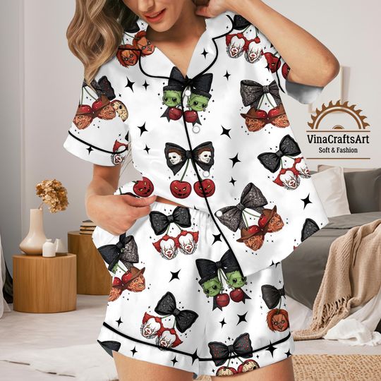 Discover Halloween Pajamas Set, Spooky Bow Tie & Mask Satin Pajamas, Cute Horror Spooky Character, Fall Lounge Gift for Horror Fans