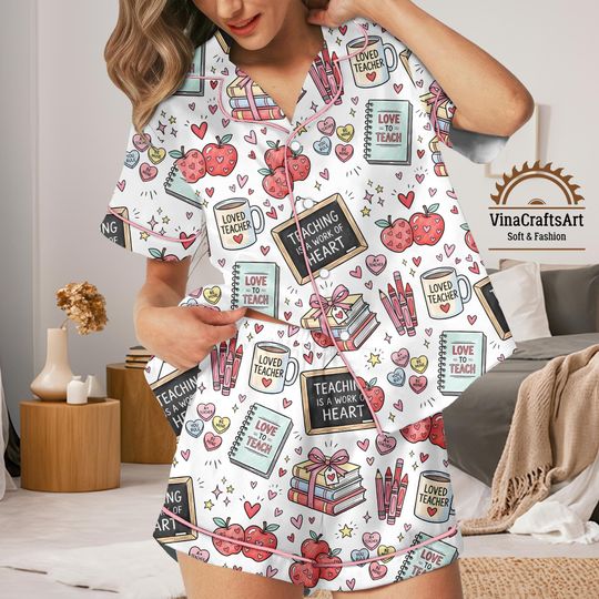 Discover Teacher Valentine Pajamas Set, Loved Teacher Pajamas Set, Teaching Is a Work of Heart Pajamas, Cute Teacher Gift Sleepwear