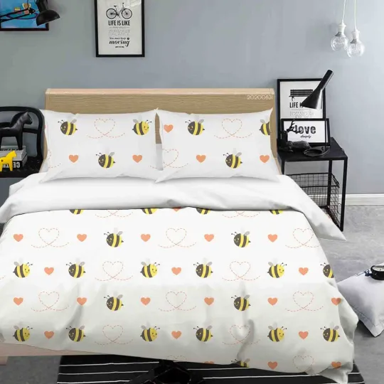 Discover 3D Bee Heart Pattern Quilt Cover Set Bedding Sets Pillowcases Queen