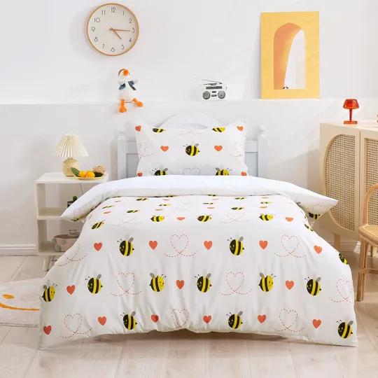 Discover 3D Cartoon Bee Heart Pattern White Quilt Cover Set Bedding Sets Pillowcases