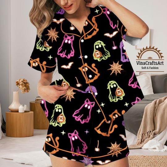 Discover Neon Ghost Halloween Pajama Set: Spooky Satin Loungewear
