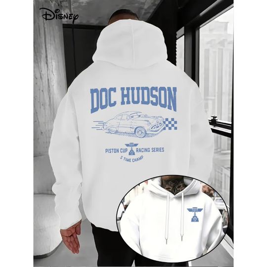 Discover Disney Men's Women Hoodie - Car Racing Series Graphic Pullover Loose Version Casual Cartoon Design Hoodie with "DOC HUDSON" Text