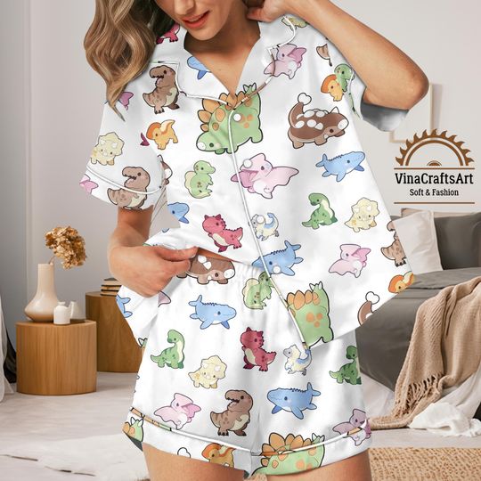 Discover Kawaii Dinosaur Pajama Set: Pastel Dino & Shark Satin Loungewear