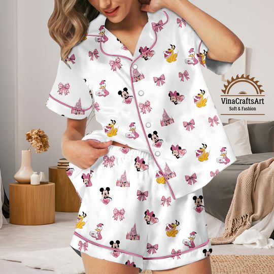 Discover Cartoon Mickey Valentine Pajamas Set, Cute Bow Mickey Sleepwear, Coquette Mickey Heart Pajamas Set, Disney Valentine Set