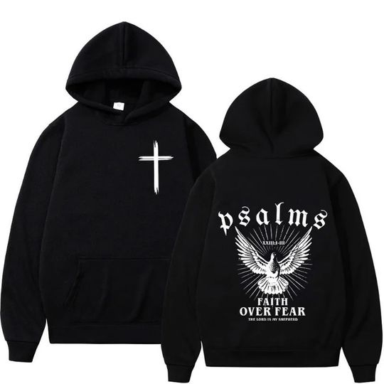 Discover Christian Jesus Faith Over Fear Bible Verse Hoodies Men Fabric Street Fashion Hoodie Casual Street Sweatshirt Cyberpunk Style