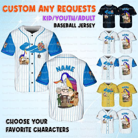 Discover Disney Up Movie Jersey, Up Carl And Ellie Characters Jersey, Disney Carl Fredricksen Baseball Shirt, Ellie Fredricksen Birthday Shirt